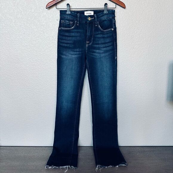 Frame Le Mini Boot Dark Wash Bootcut Jeans Raw Edge 24 - Picture 1 of 6